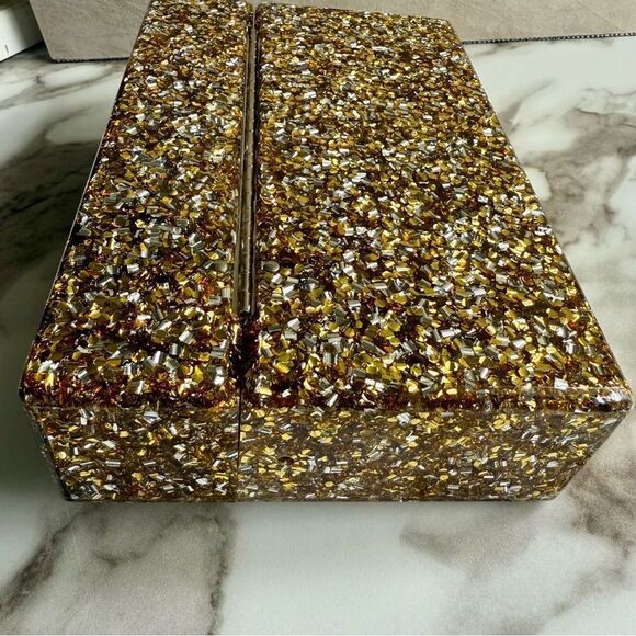 EDIE PARKER ACRYLIC CLUTCH – GOLD CONFETTI & RAINBOW STRIPE | HANDMADE | RARE - Picture 16 of 17